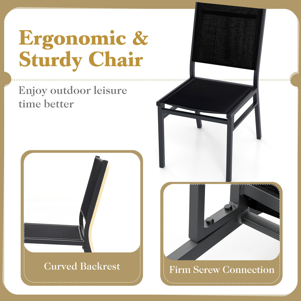 Outdoor Dining Chairs with Breathable Seat and Backrest for Backyard Porch Poolside