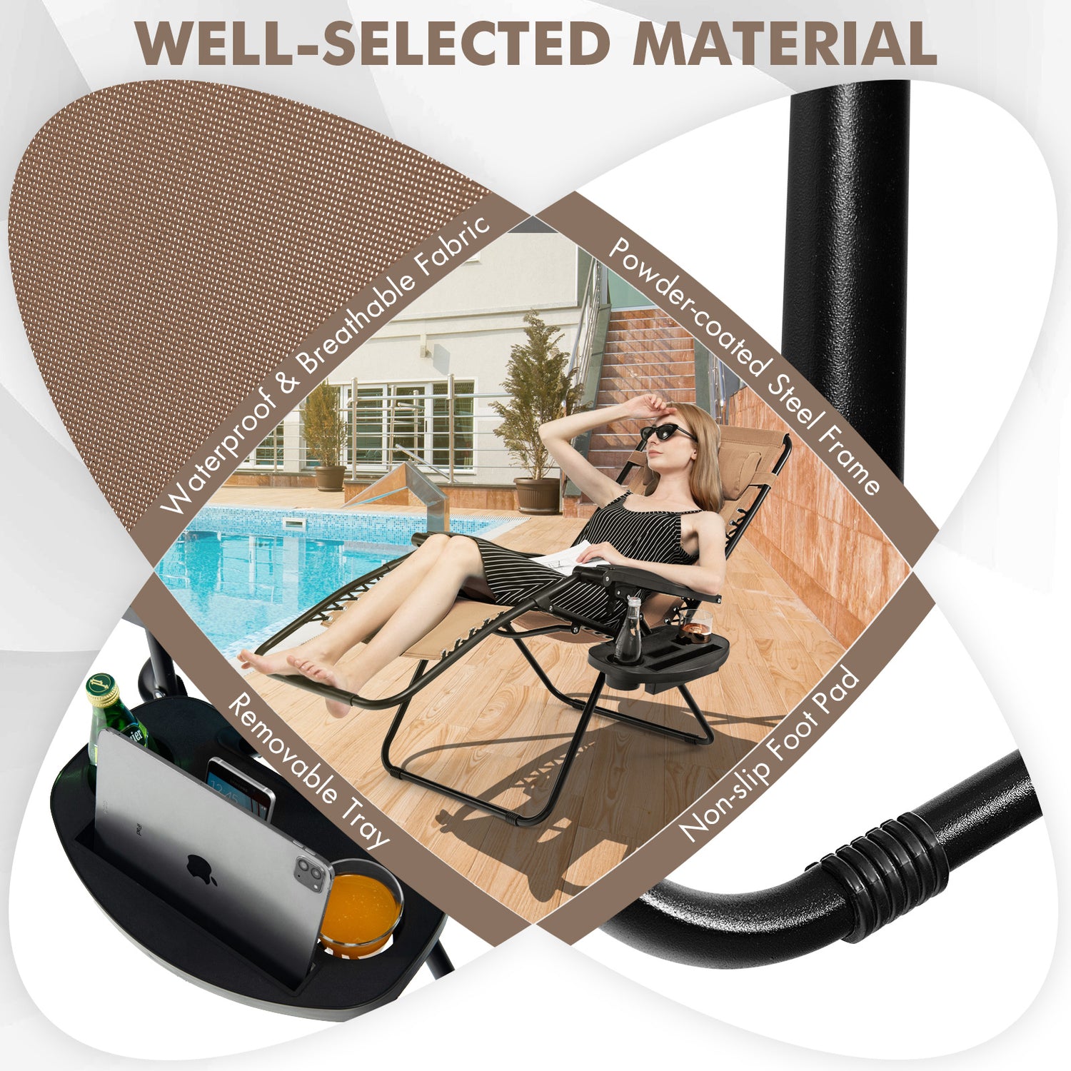 Outdoor Folding Zero Gravity Reclining Lounge Chair with Utility Tray