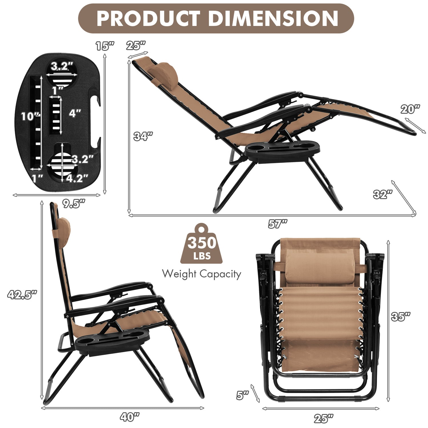 Outdoor Folding Zero Gravity Reclining Lounge Chair with Utility Tray