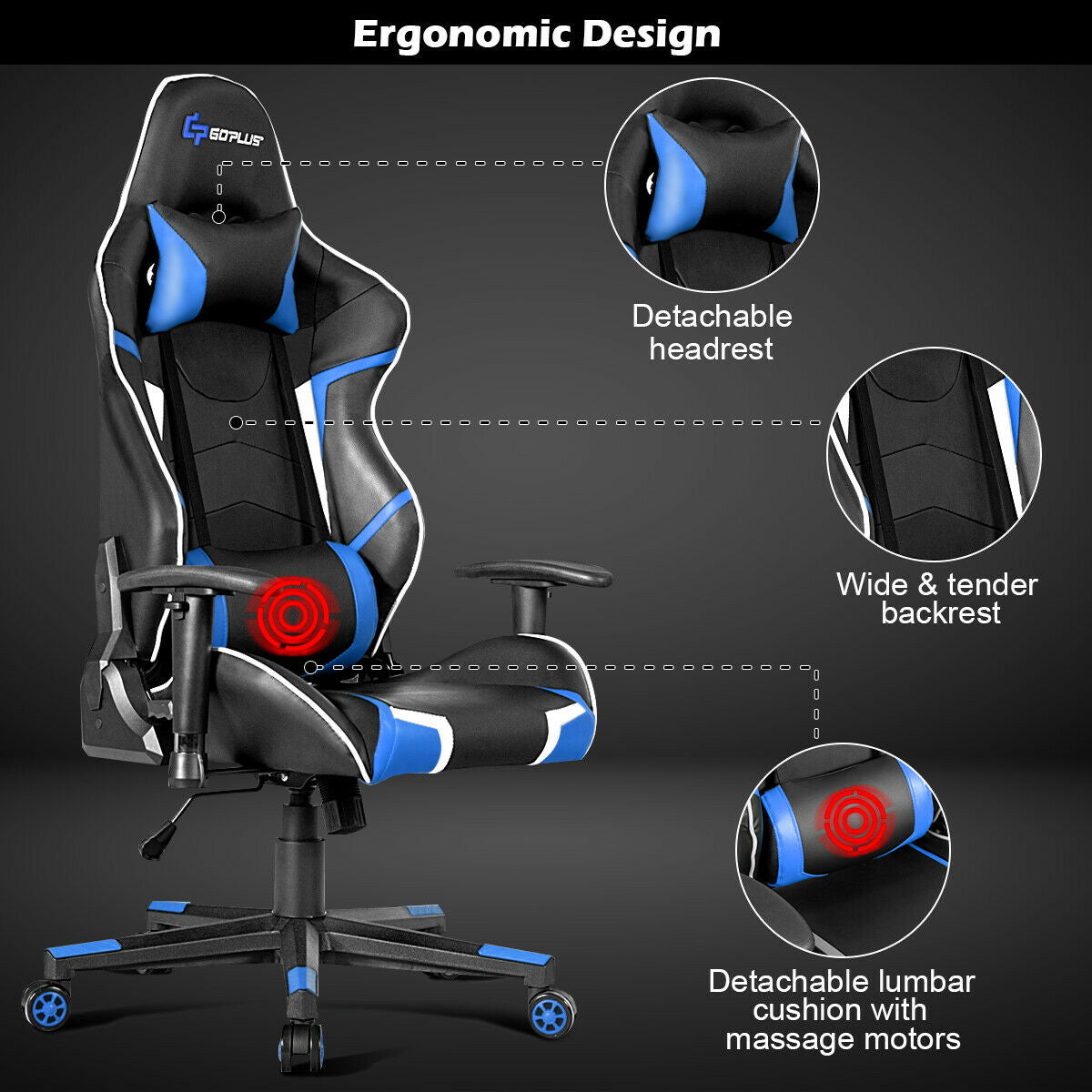 Lumbar Support  Massage Gaming Reclining Racing Chair