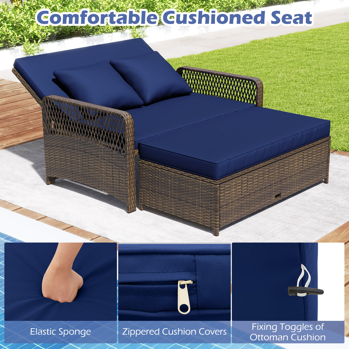Patio Adjustable Wicker Daybed with 4-Level Backrest and Soft Cushions