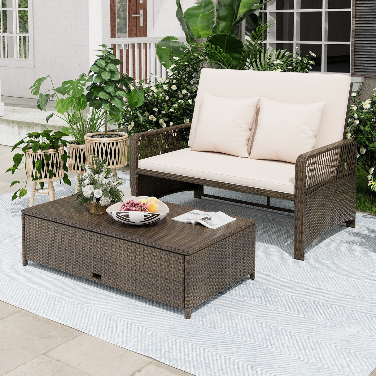 Patio Adjustable Wicker Daybed with 4-Level Backrest and Soft Cushions