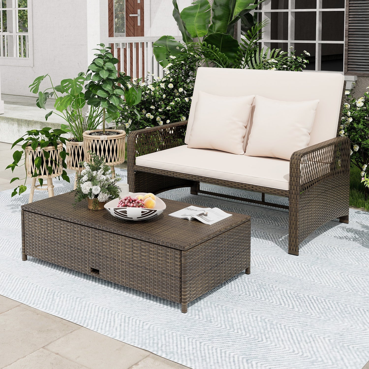 Patio Adjustable Wicker Daybed with 4-Level Backrest and Soft Cushions