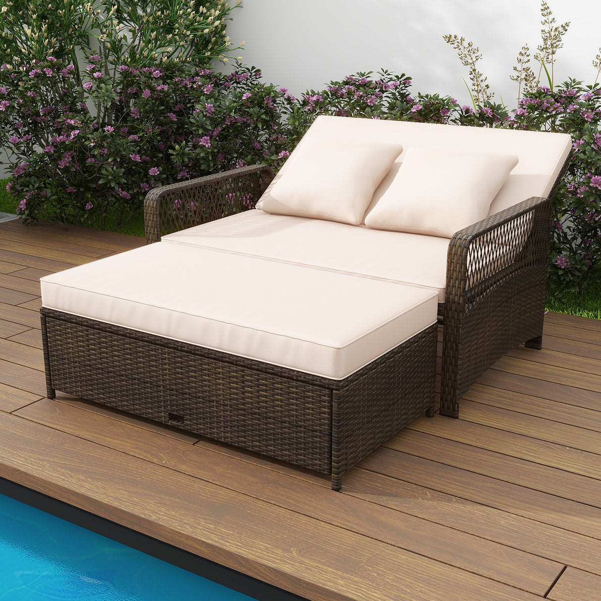 Patio Adjustable Wicker Daybed with 4-Level Backrest and Soft Cushions