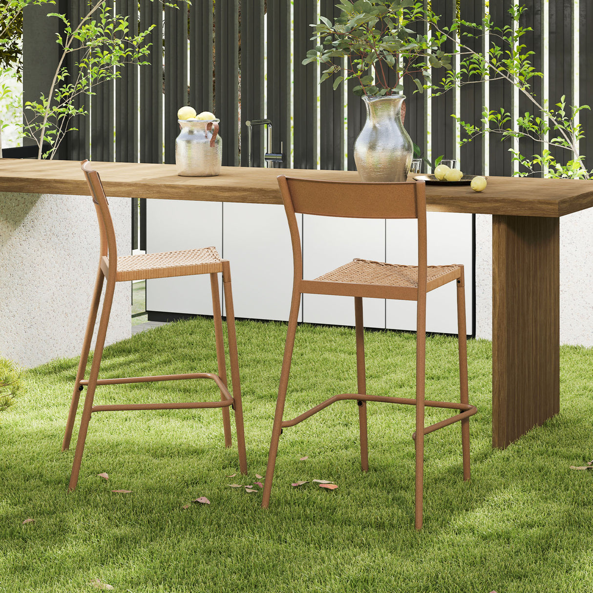Patio Barstools Set of 2 with Rattan Seat and Metal Backrest-Light Brown