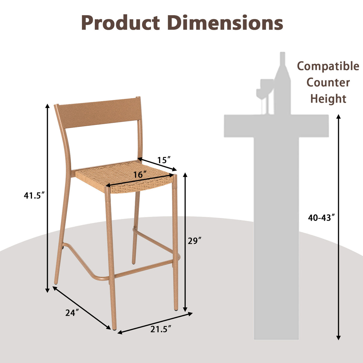 Patio Barstools Set of 2 with Rattan Seat and Metal Backrest-Light Brown