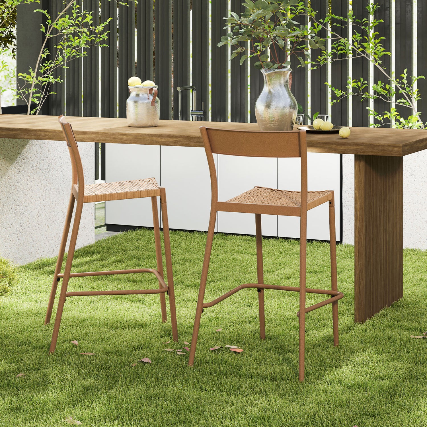 Patio Barstools Set of 4 with Rattan Seat and Metal Backrest-Light Brown
