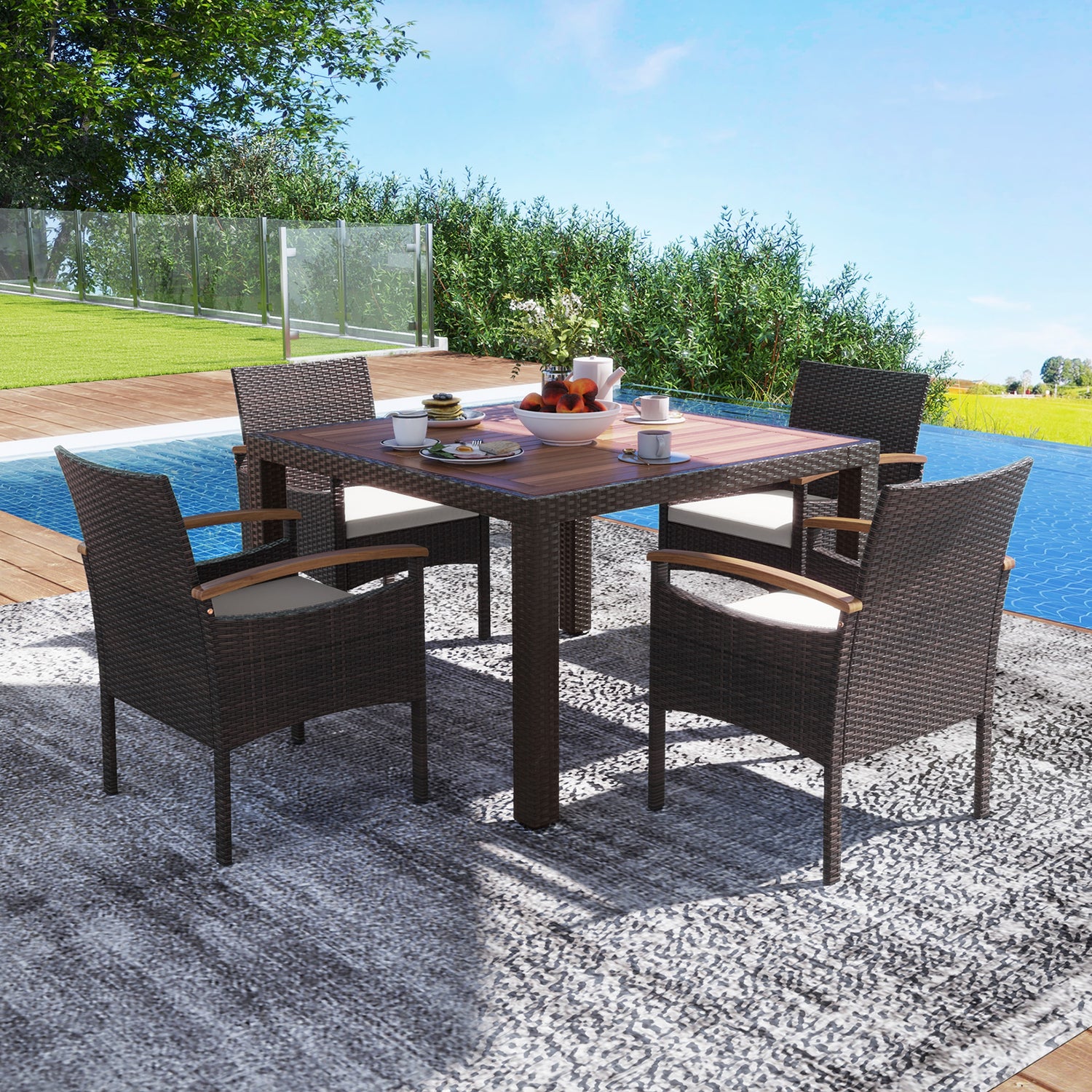 Patio Dining Chairs Set of 2/4 with Acacia Wood Armrest and Heavy Duty Metal Frame