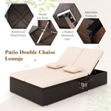 Patio Double Chaise Lounge with Cushions and Folding Side Trays-Beige