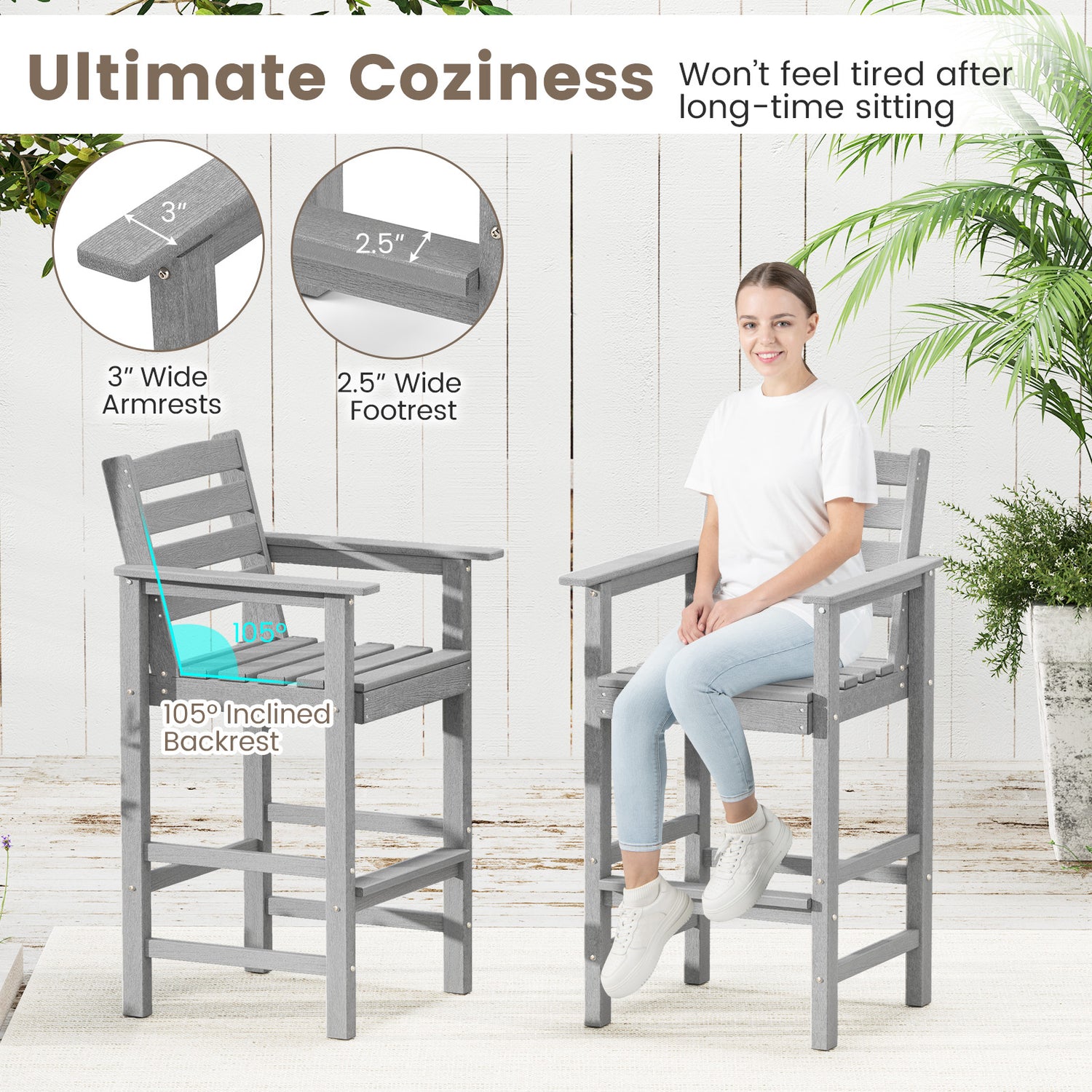 Patio HDPE Adirondack Bar Chairs Set of 2 with Wide Armrests