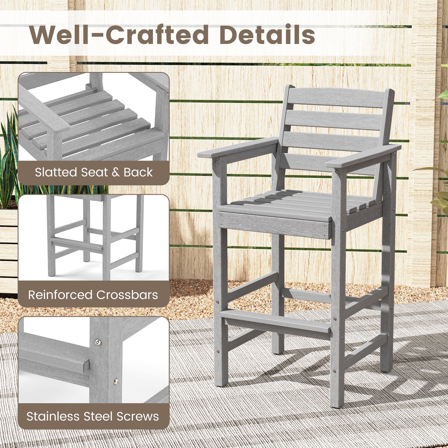 Patio HDPE Adirondack Bar Chairs Set of 2 with Wide Armrests