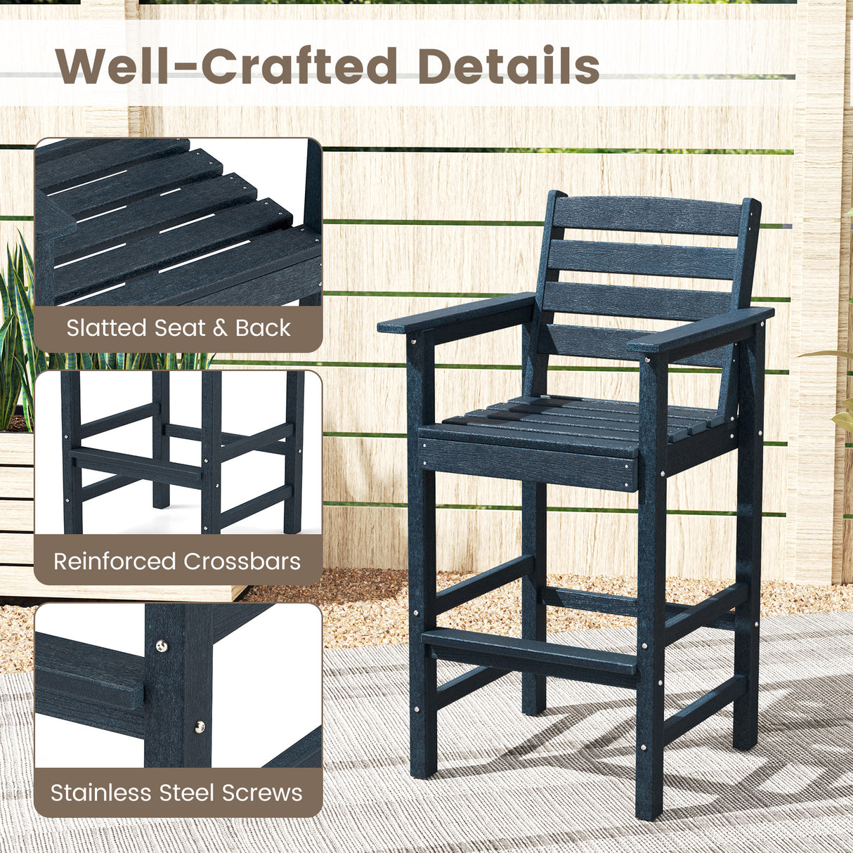 Patio HDPE Adirondack Bar Chairs Set of 2 with Wide Armrests
