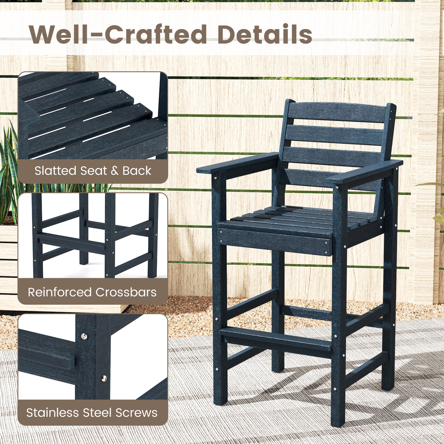 Patio HDPE Adirondack Bar Chairs Set of 2 with Wide Armrests