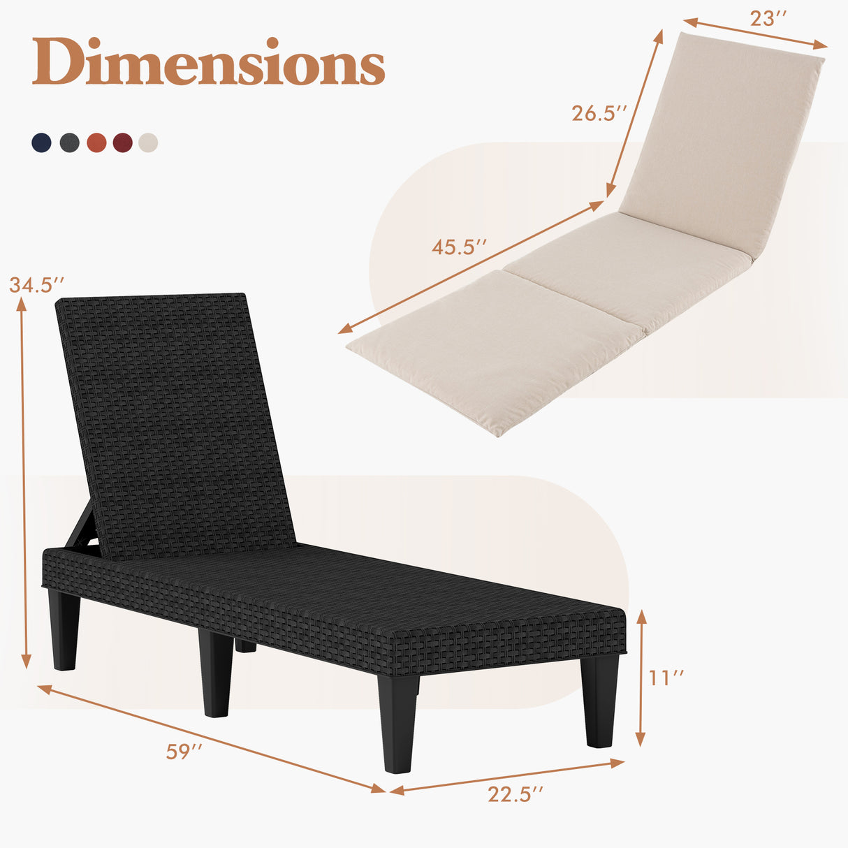 Patio Lounge Chair 3-Position Adjustable Backrest and Cushion