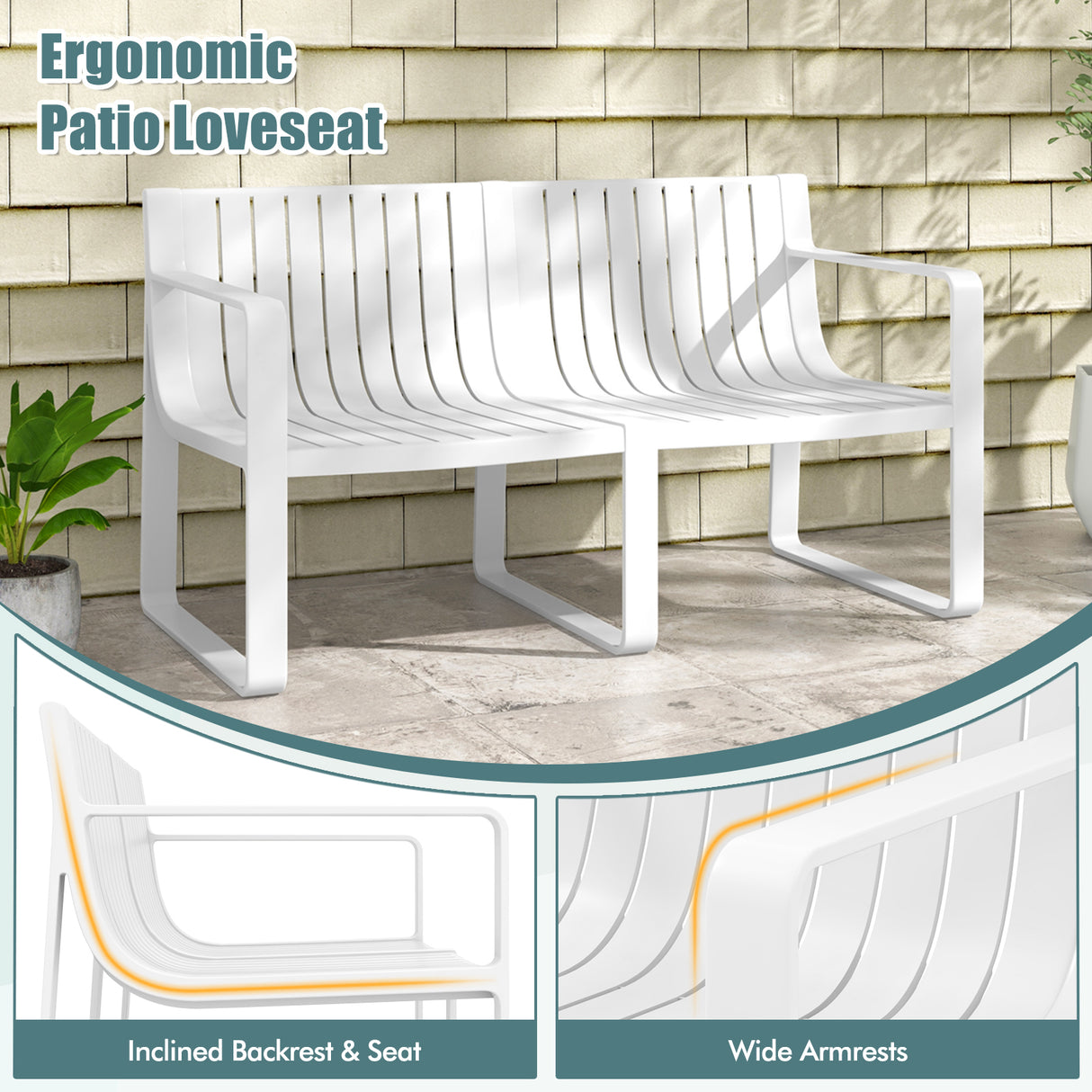 Weather-resistant Plastic 2-Person Bench with Curved Backrest
