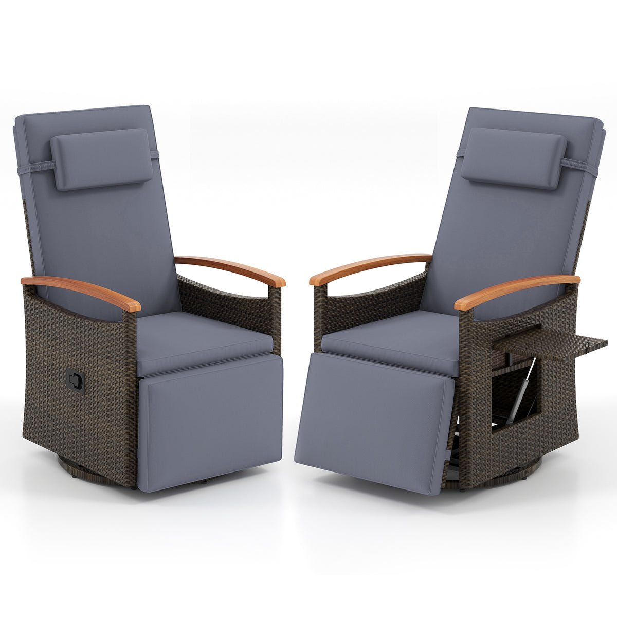 Set of 2 Patio Rattan 360Â° Swivel Recliner Chair with Adjustable Backrest and Footrest