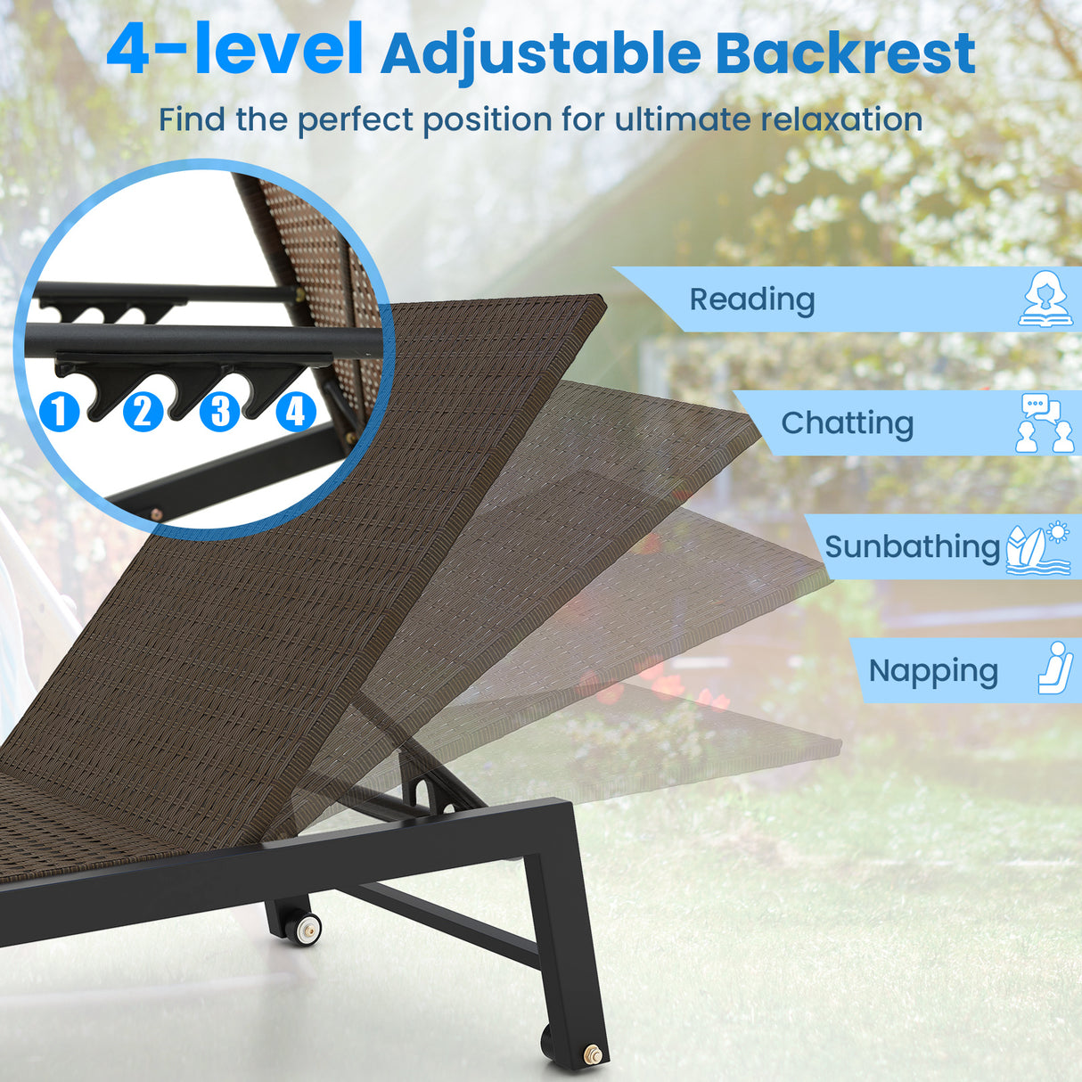 PE Wicker Patio Chaise Lounge Chair with Wheels for Poolside Backyard and Deck