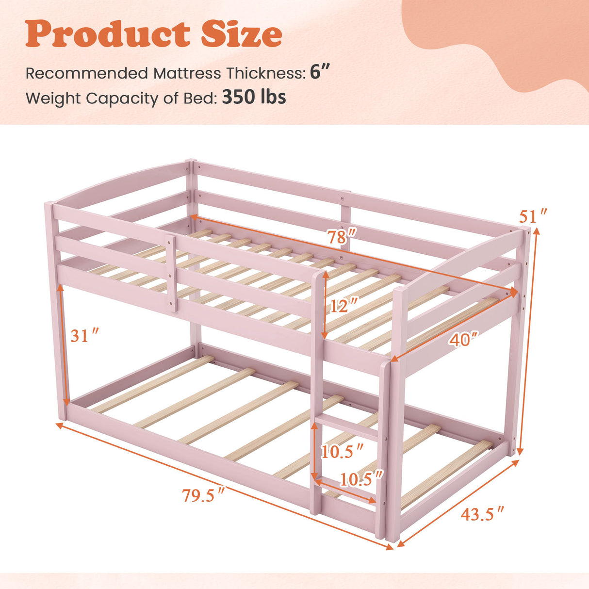 Twin Size Bunk Bed with High Guardrails and Integrated Ladder