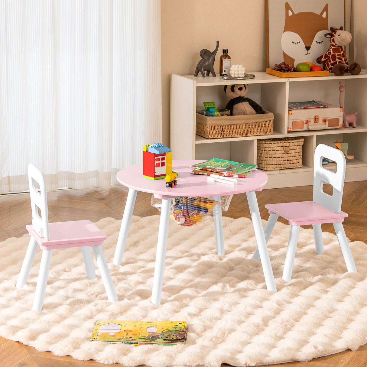 Wood Activity Kids Table and Chair Set with Center Mesh Storage