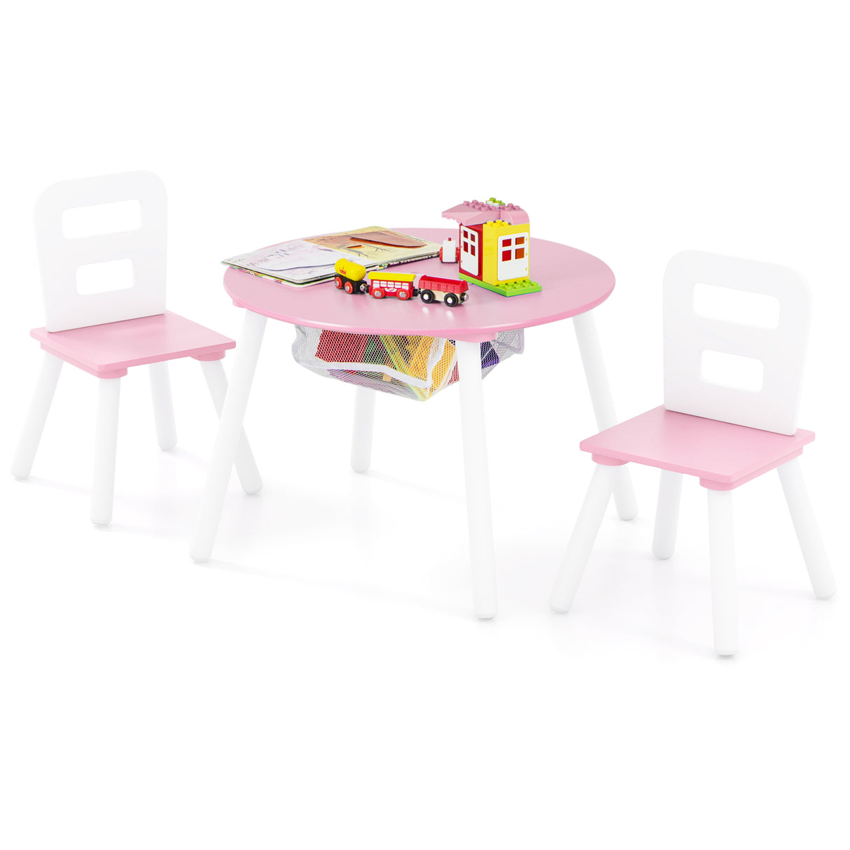 Wood Activity Kids Table and Chair Set with Center Mesh Storage