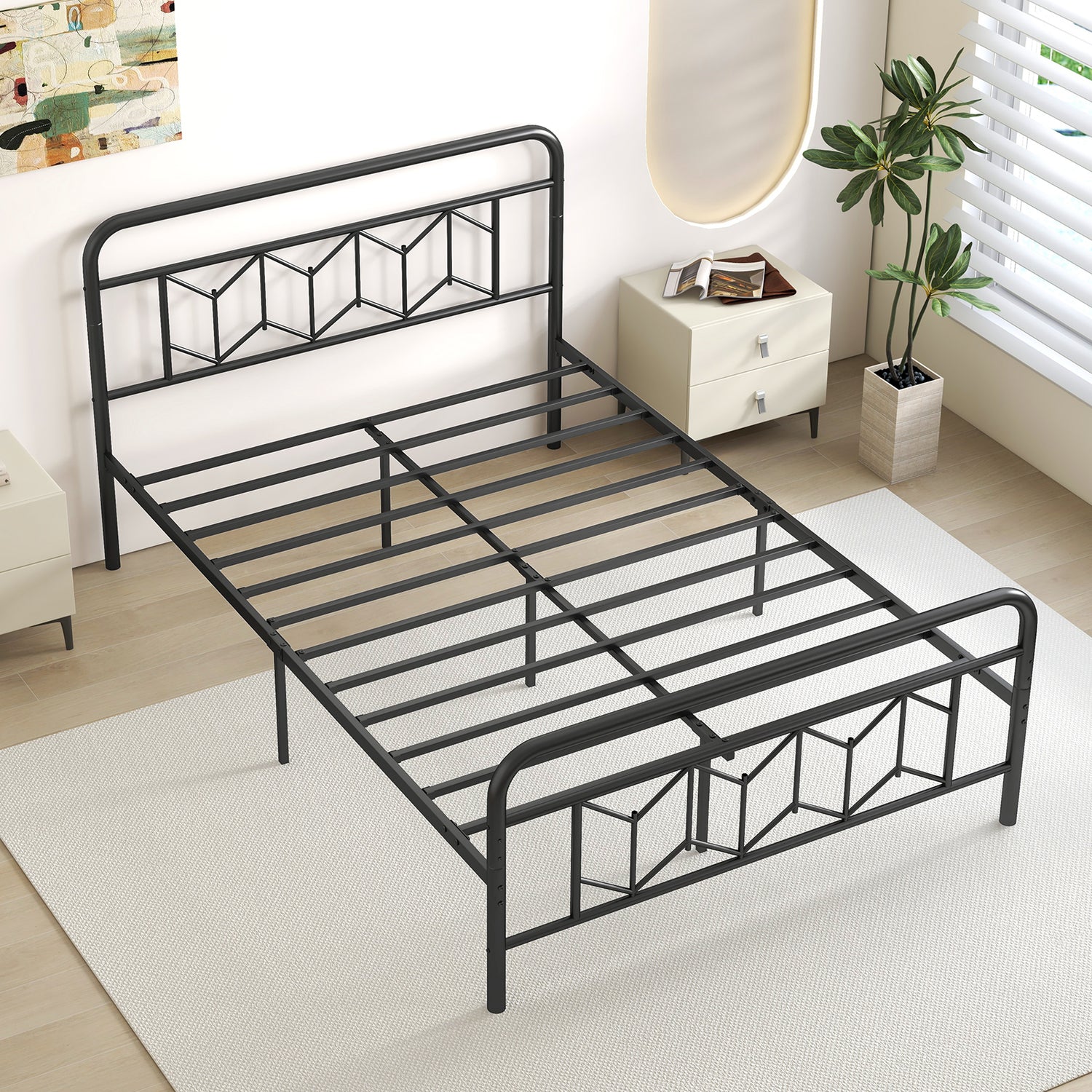 Platform Bed with High Headboard and Snap Lock Metal Slats
