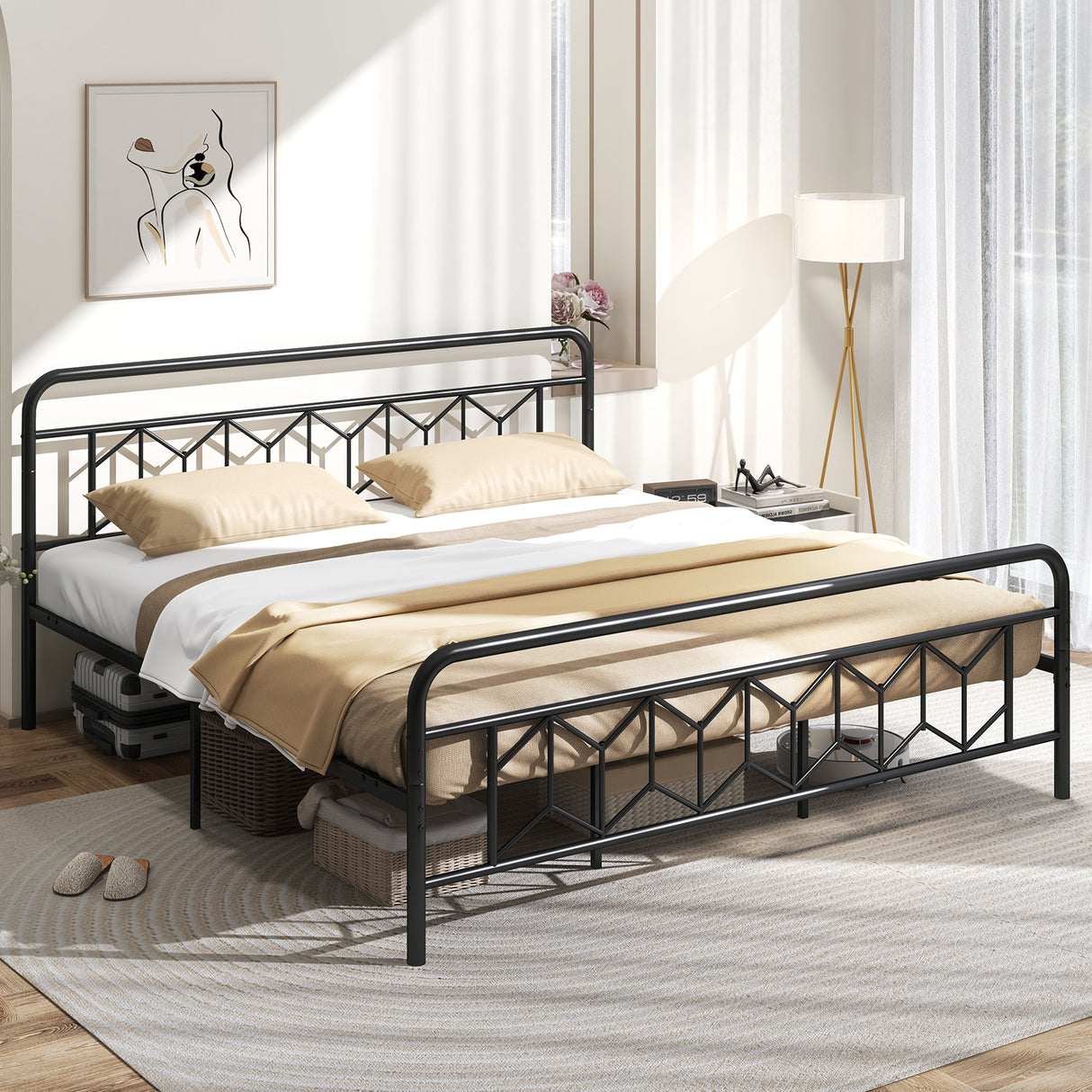 Platform Bed with High Headboard and Snap Lock Metal Slats