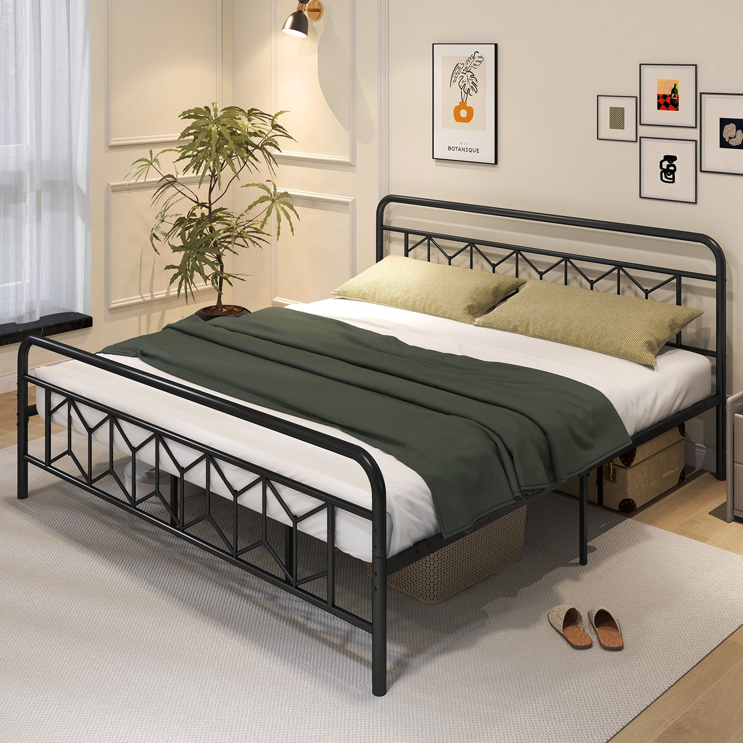 Platform Bed with High Headboard and Snap Lock Metal Slats