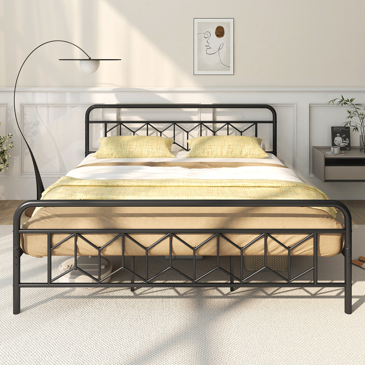 Platform Bed with High Headboard and Snap Lock Metal Slats