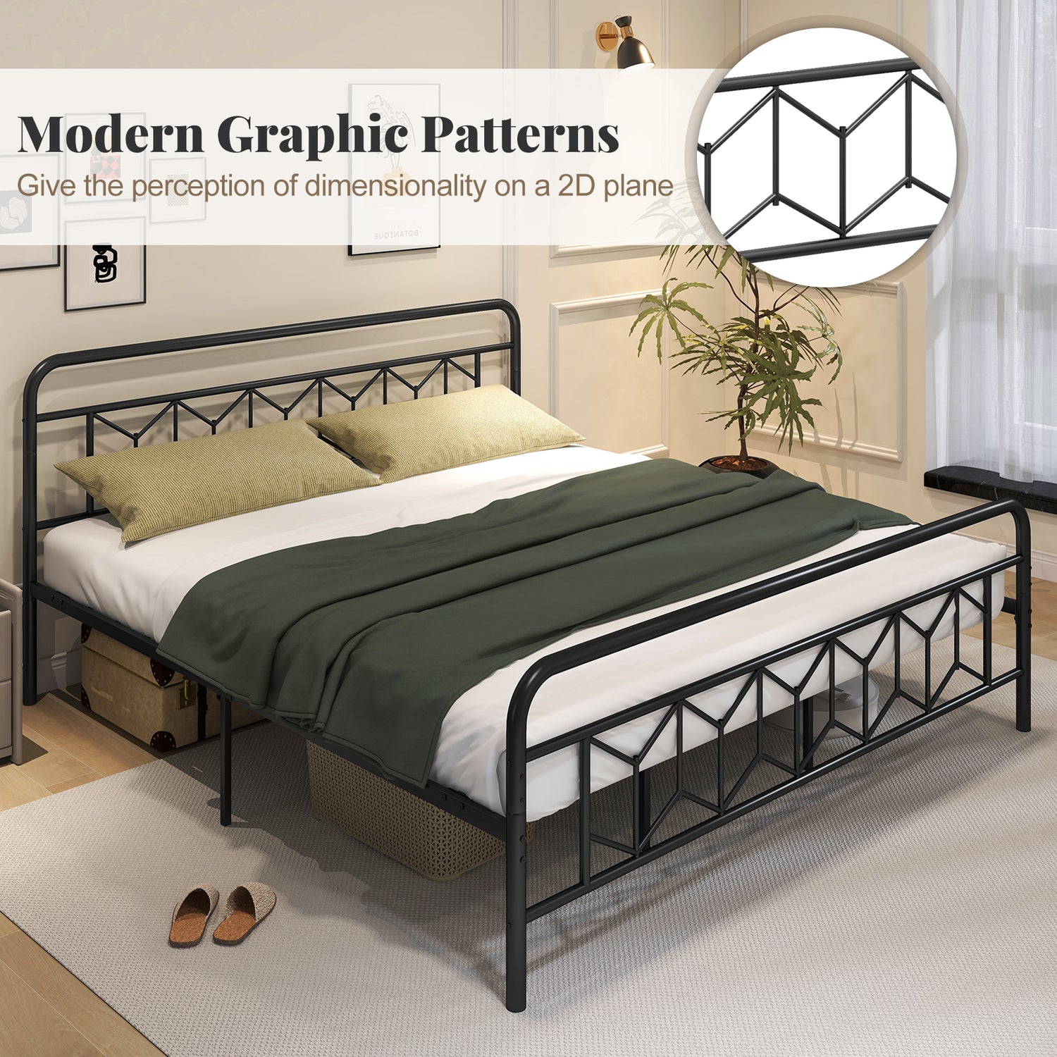 Platform Bed with High Headboard and Snap Lock Metal Slats