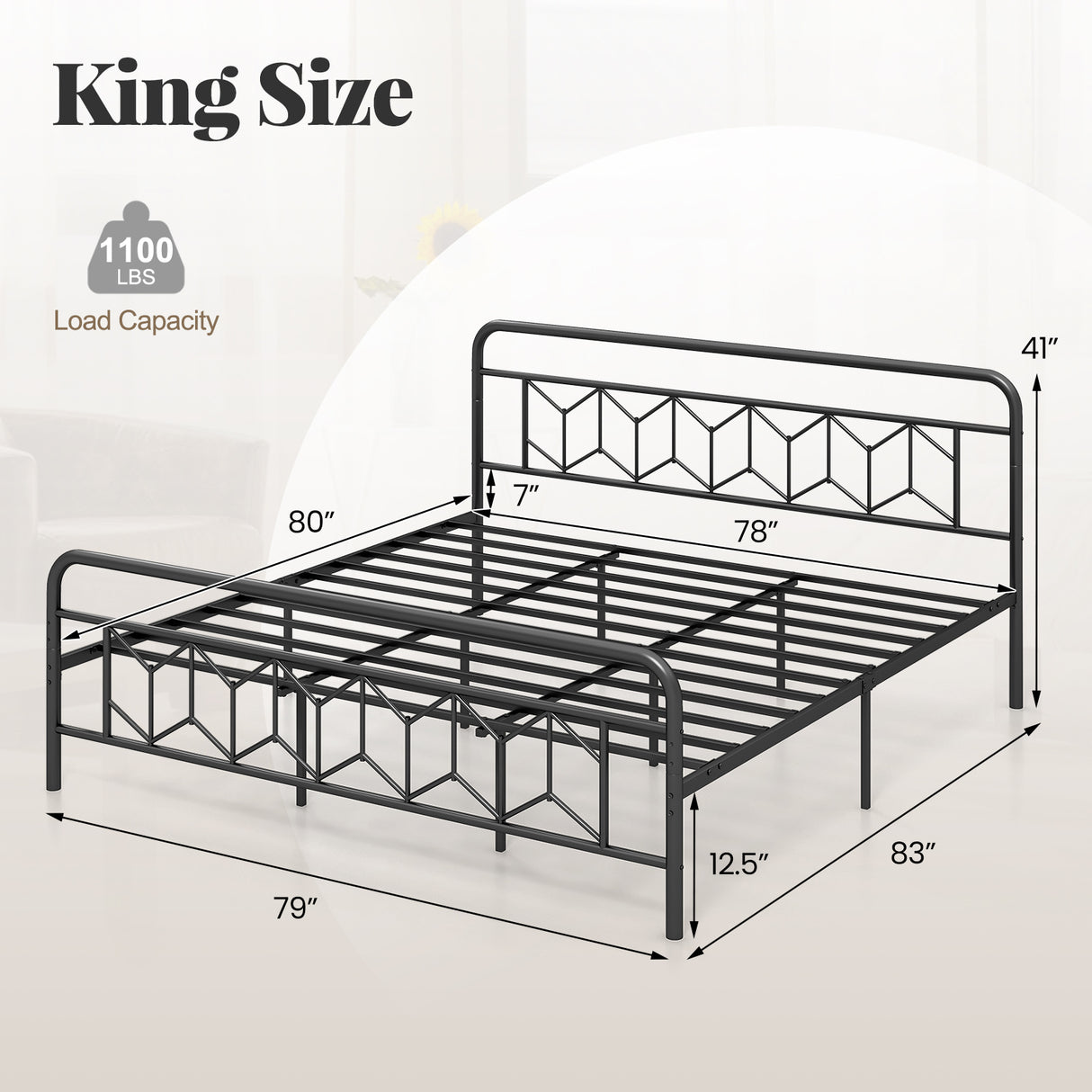 Platform Bed with High Headboard and Snap Lock Metal Slats