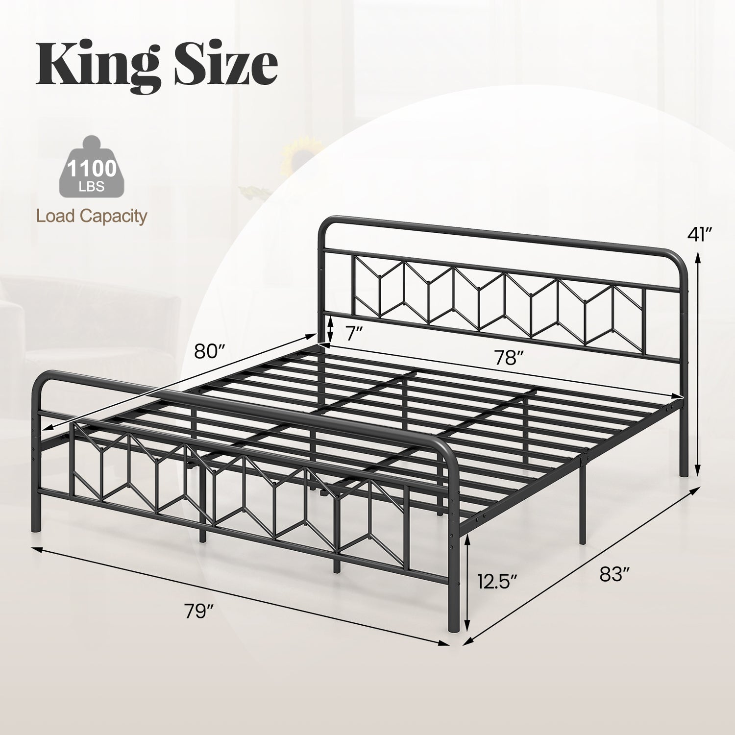 Platform Bed with High Headboard and Snap Lock Metal Slats