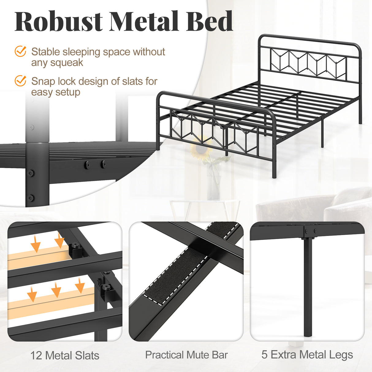 Platform Bed with High Headboard and Snap Lock Metal Slats