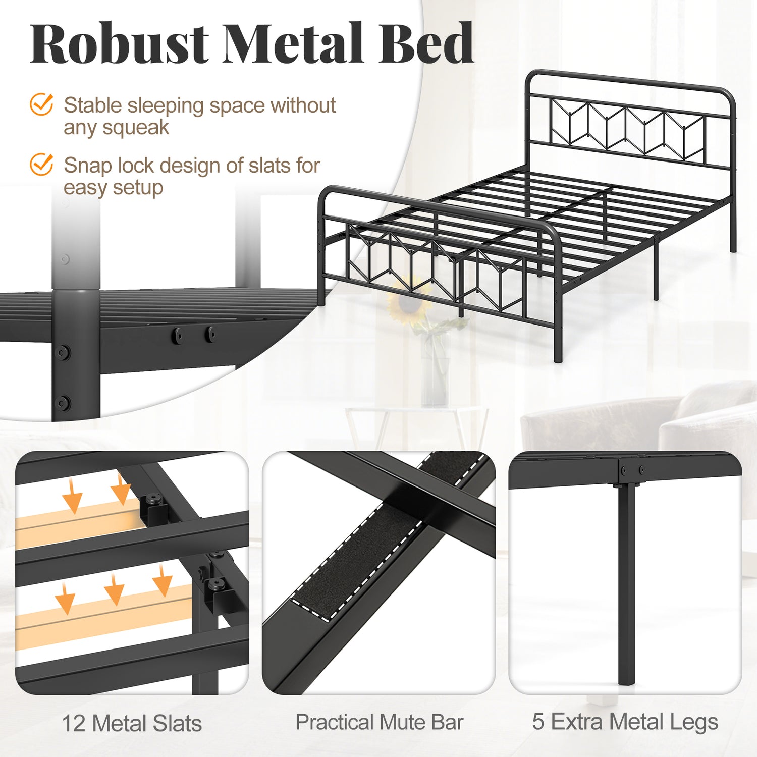 Platform Bed with High Headboard and Snap Lock Metal Slats