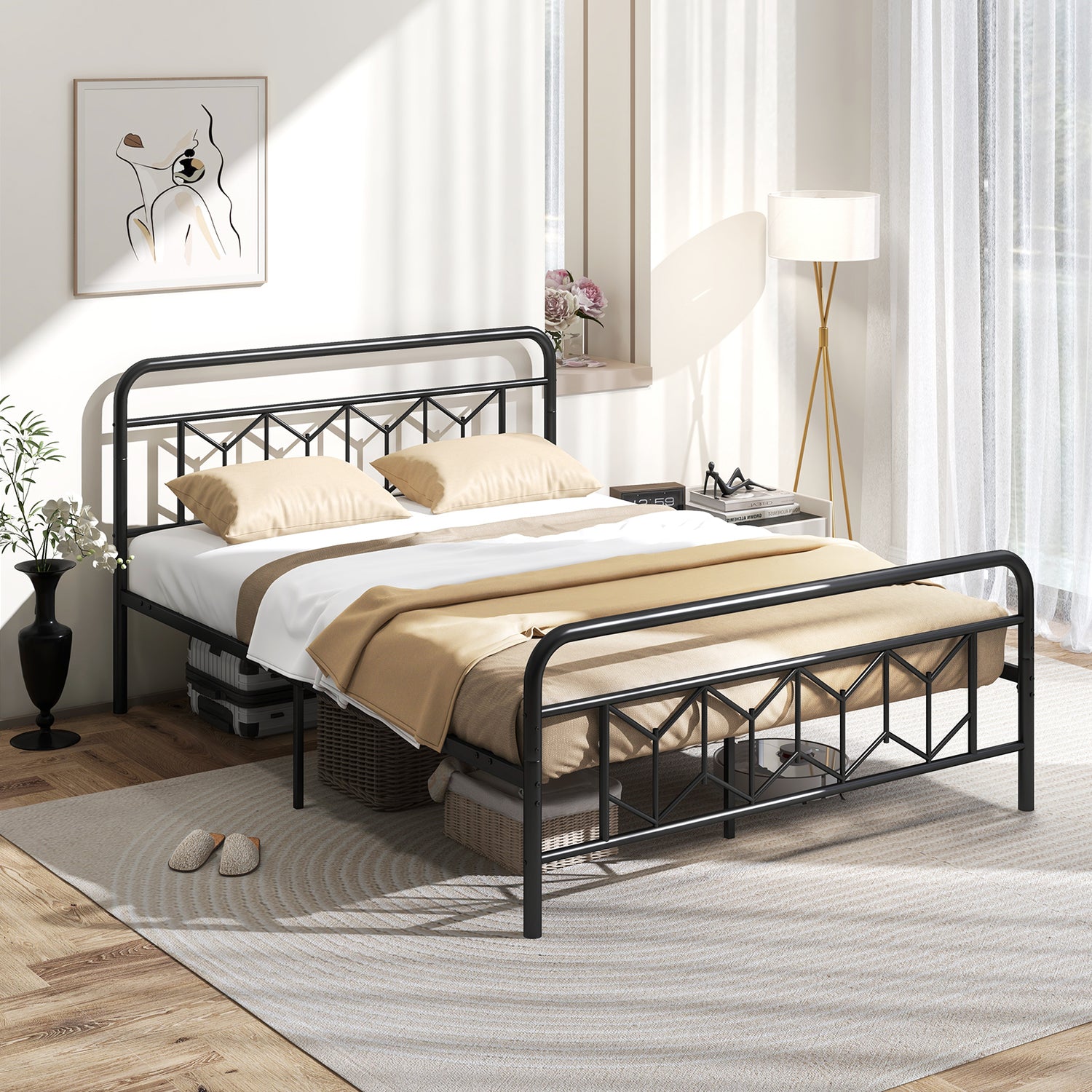 Platform Bed with High Headboard and Snap Lock Metal Slats