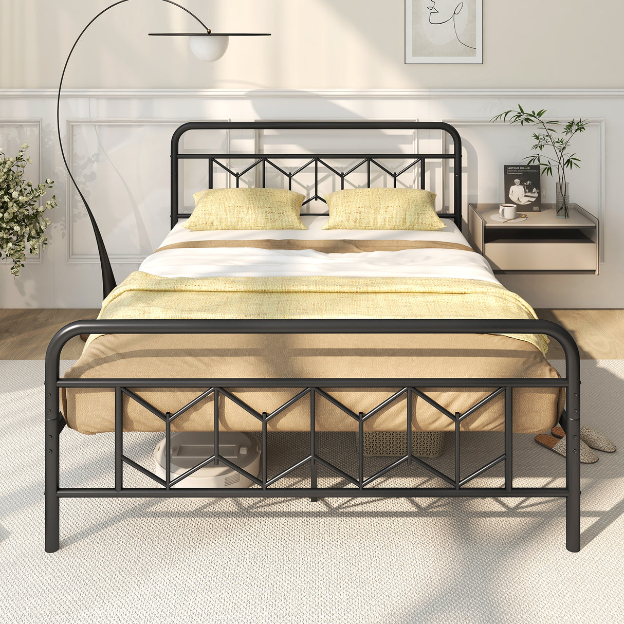 Platform Bed with High Headboard and Snap Lock Metal Slats