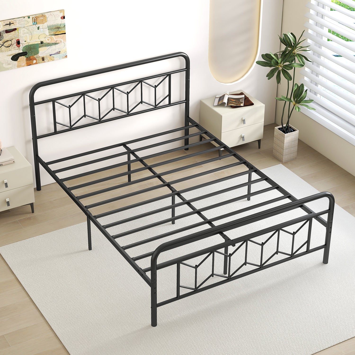 Platform Bed with High Headboard and Snap Lock Metal Slats