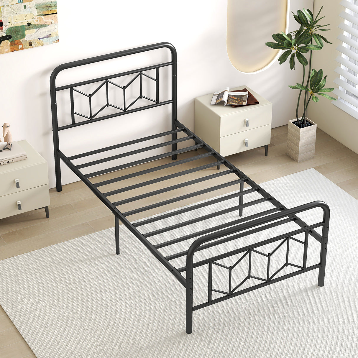 Platform Bed with High Headboard and Snap Lock Metal Slats