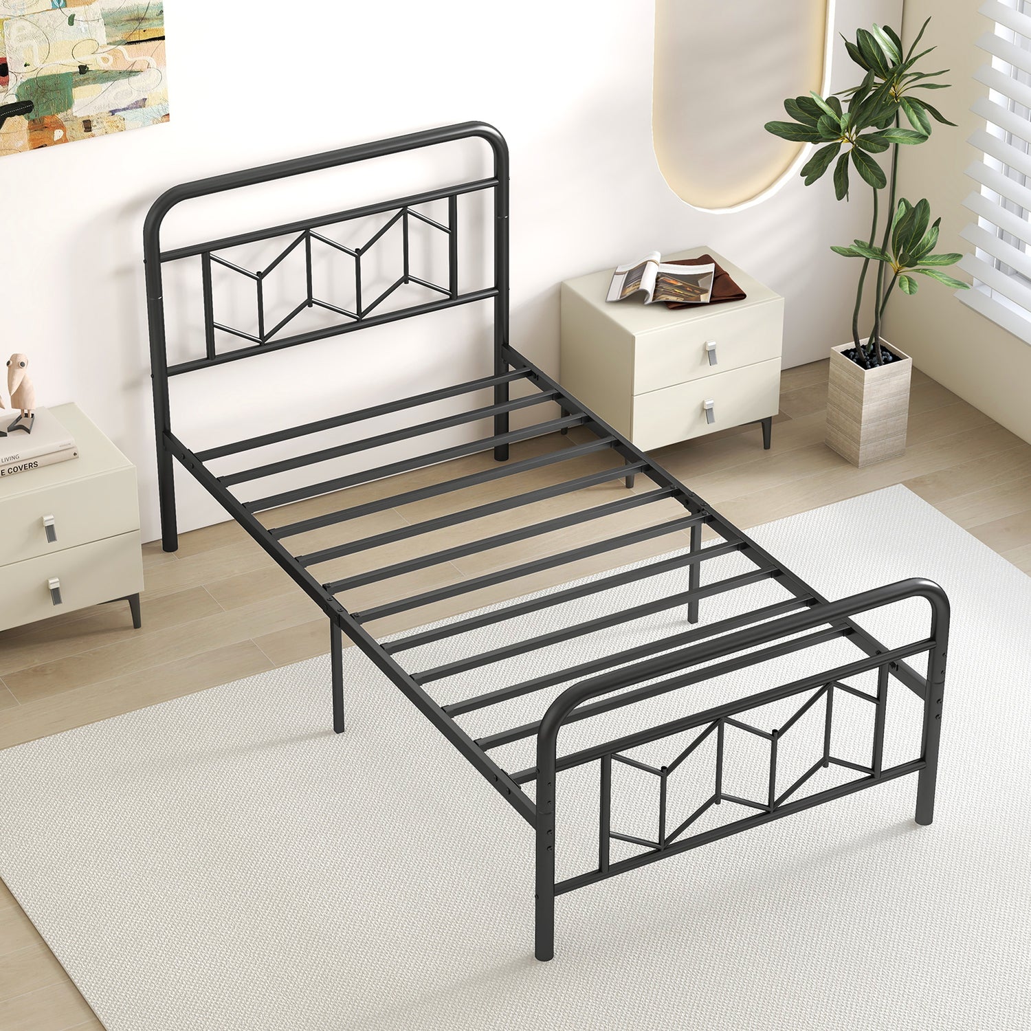 Platform Bed with High Headboard and Snap Lock Metal Slats