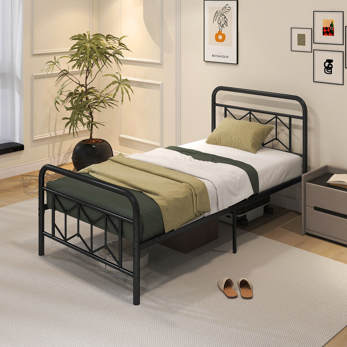 Platform Bed with High Headboard and Snap Lock Metal Slats