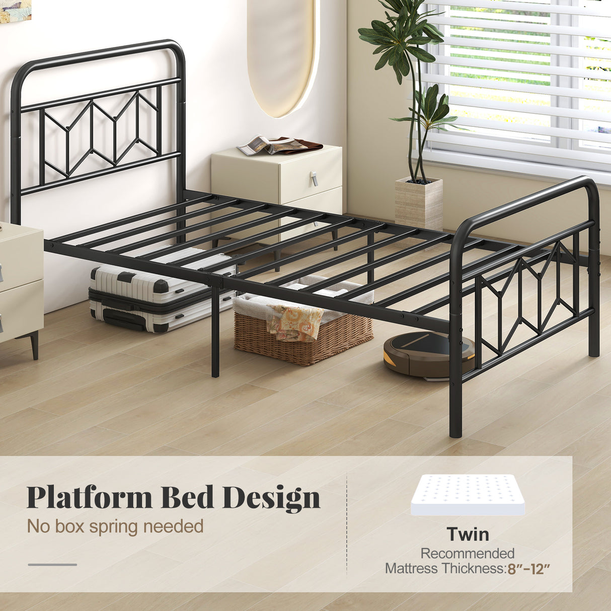 Platform Bed with High Headboard and Snap Lock Metal Slats