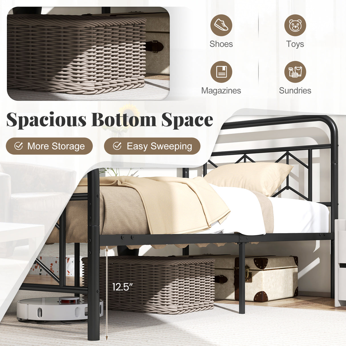 Platform Bed with High Headboard and Snap Lock Metal Slats