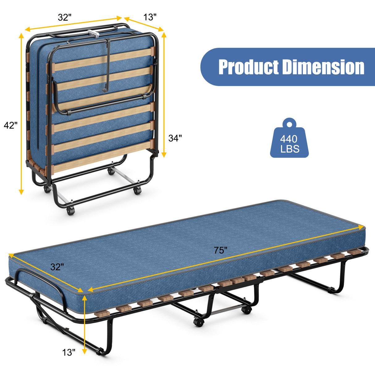 Portable Folding Bed with Memory Foam Mattress and Sturdy Metal Frame Made in Italy
