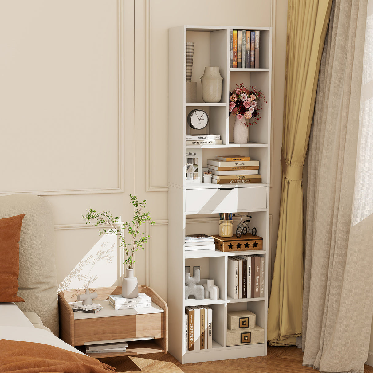 7-tier Bookshelf with Drawer 180cm Floor Standing Display Rack Storage Shelf-White