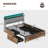 Twin/Full/Queen Bed Frame with LED Lights  Upholstered Headboard and 4 Storage Drawers