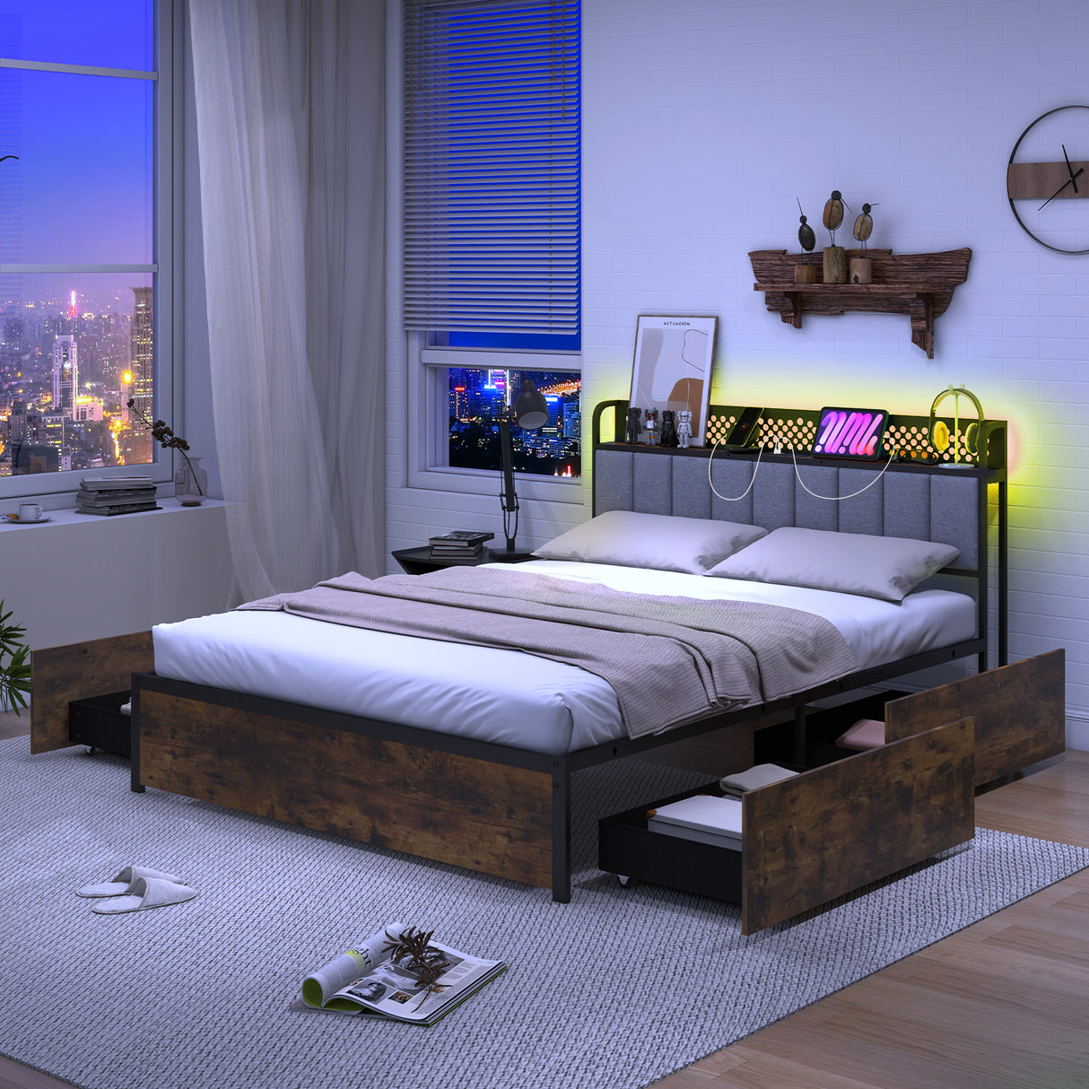 Twin/Full/Queen Bed Frame with LED Lights  Upholstered Headboard and 4 Storage Drawers