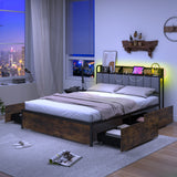 Twin/Full/Queen Bed Frame with LED Lights  Upholstered Headboard and 4 Storage Drawers