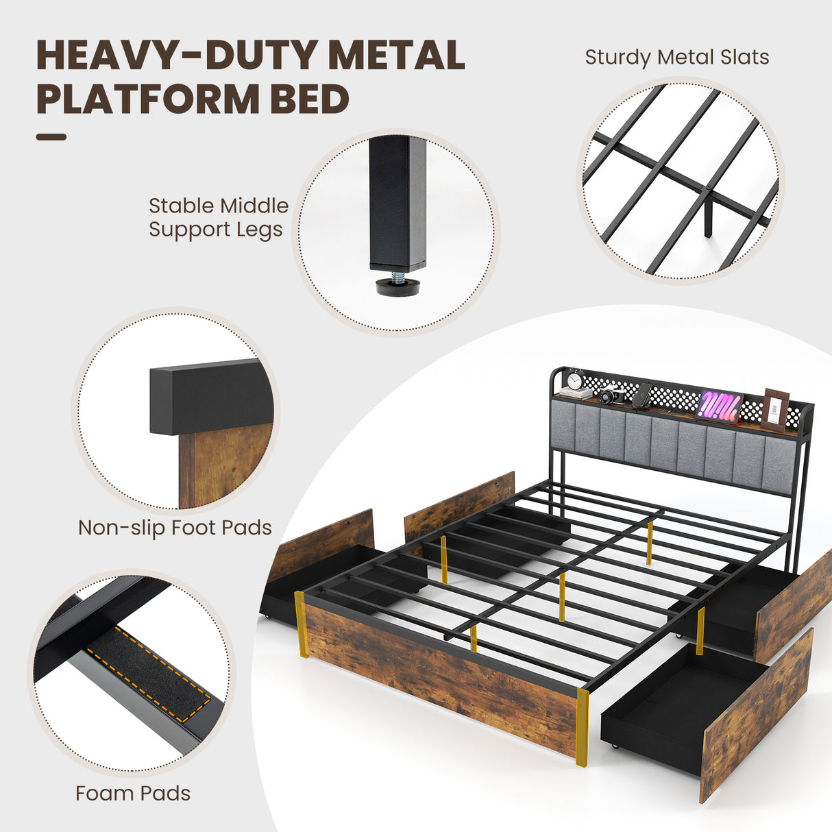 Twin/Full/Queen Bed Frame with LED Lights  Upholstered Headboard and 4 Storage Drawers