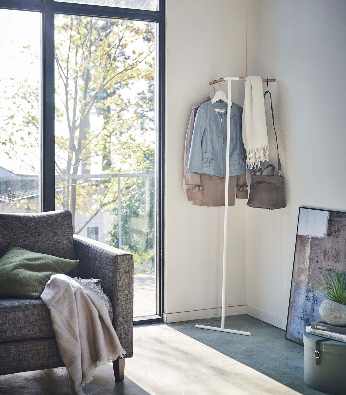 Corner Leaning Coat Hanger (63" H)  - Steel + Wood