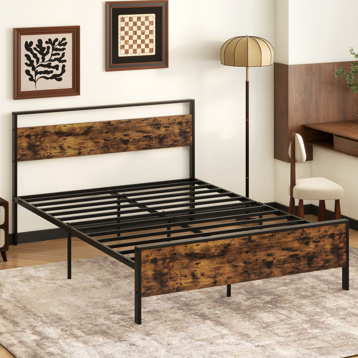 Twin Metal Bed Frame Industrial Platform Bed with Wooden Headboard