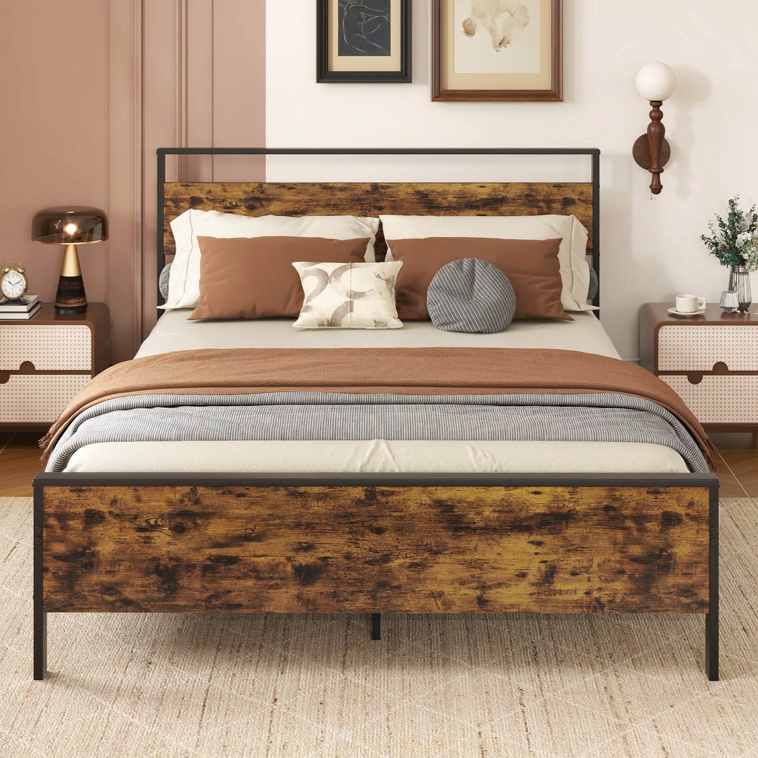 Twin Metal Bed Frame Industrial Platform Bed with Wooden Headboard